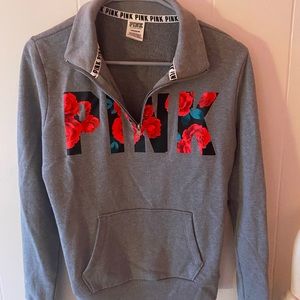victoria secret/pink jacket, flowered lettering, size small, gray and pink